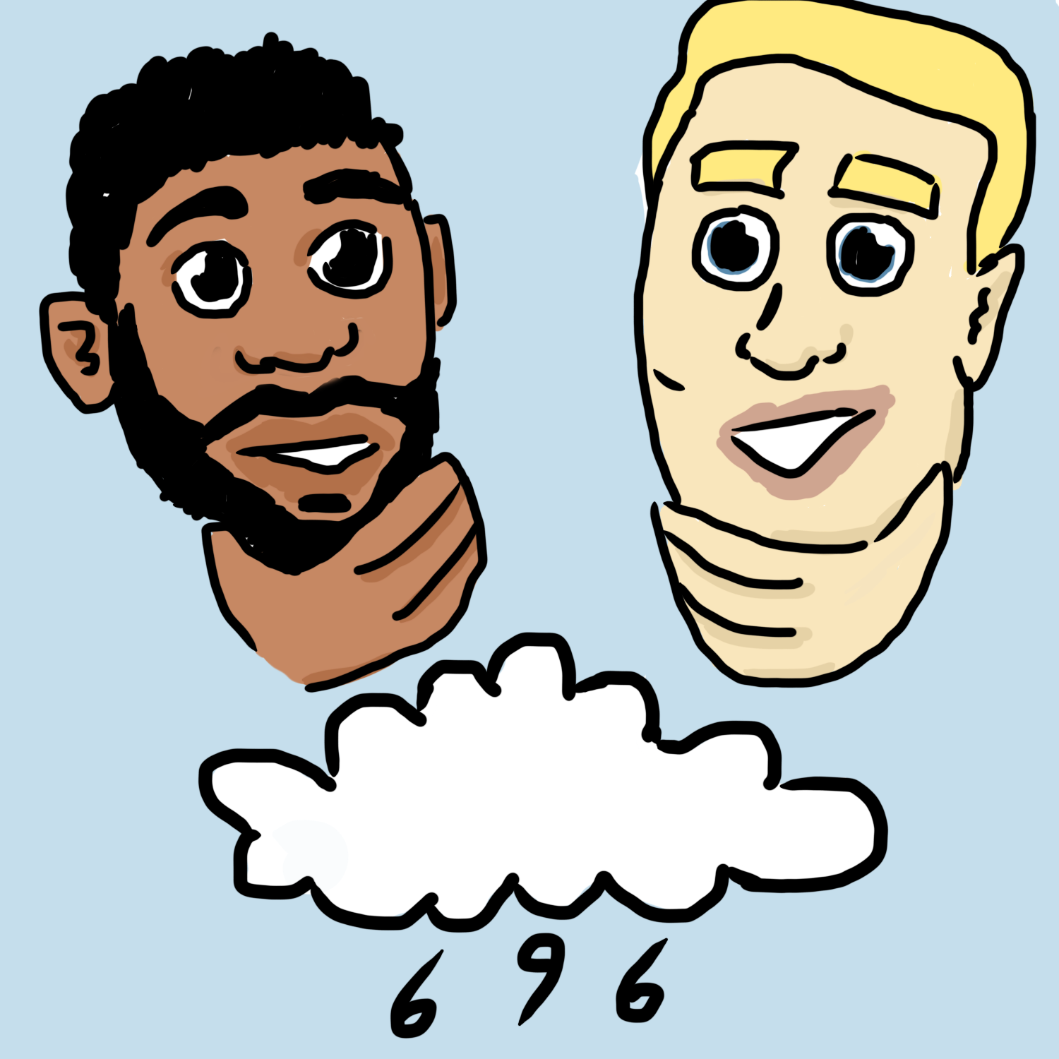 cartoon of us pair, smiling above a cloud with rain shaped like sixes and nines.
